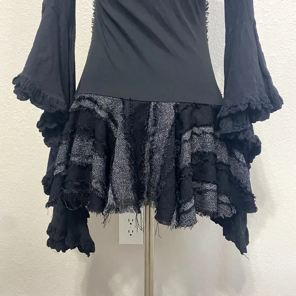 Asymmetrical Striped Layered Flare Dramatic Sleeve Whimsigoth Vamp Gothic Dress - Picture 11 of 12